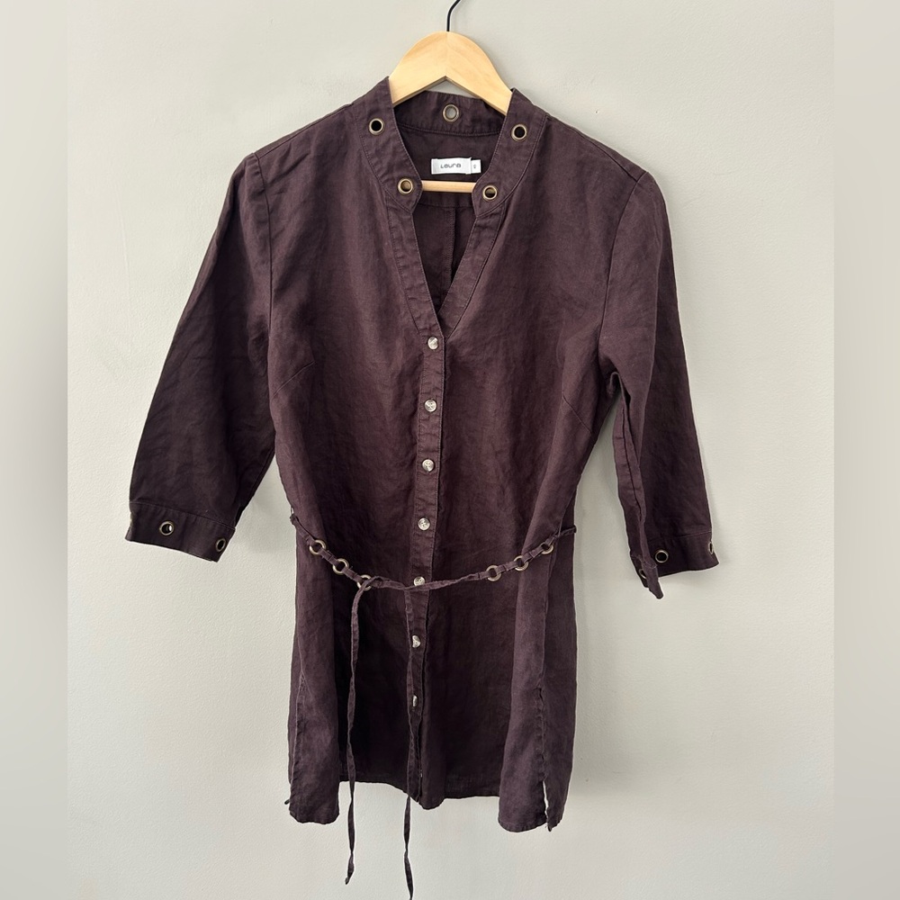 Laura Brown Linen Belted V-Neck Button Down Collarless Bronze Accented Tunic - Picture 2 of 7